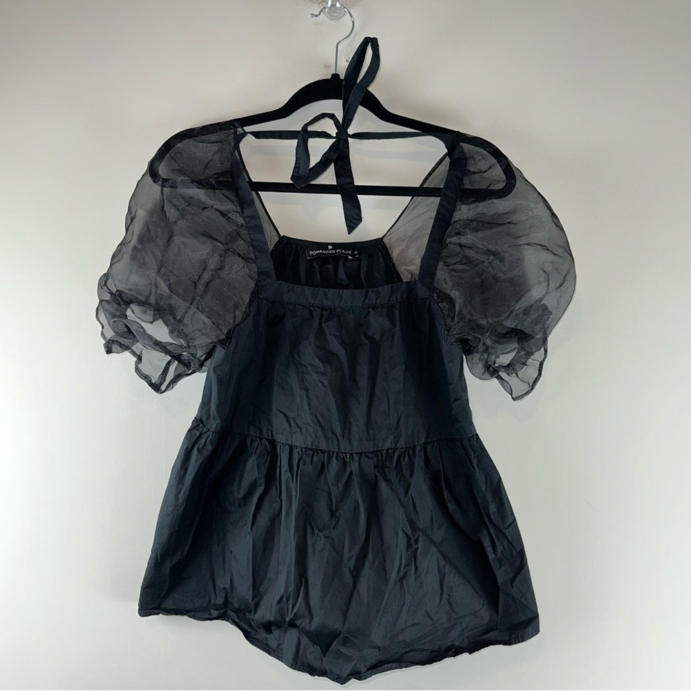 Pomander Place Tuckernuck Tinsley Peplum Sheer Puff Sleeve Top Size XS